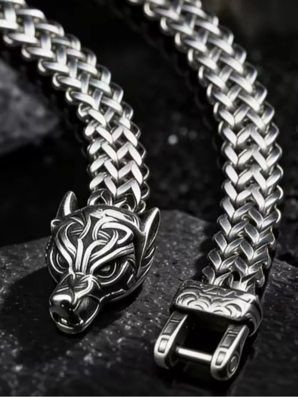 Sterling Silver Viking Wolf Bracelet - Braided Chain